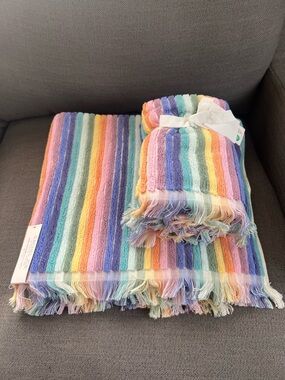 4Pc Rachel Zoe Bath Towels Set Pink  Striped Cotton NEW